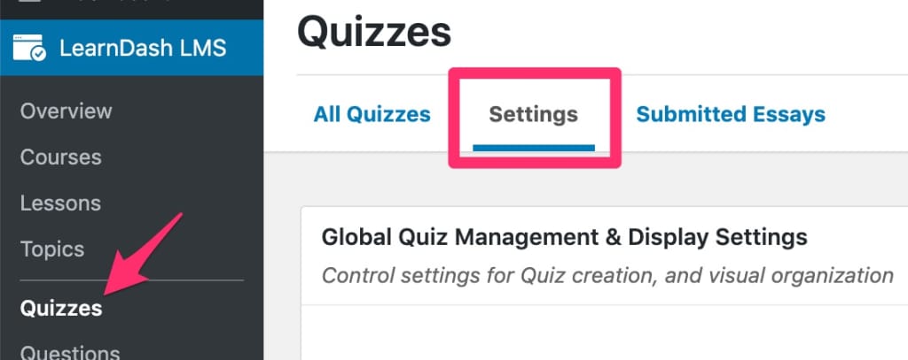 LearnDash global quiz settings tab