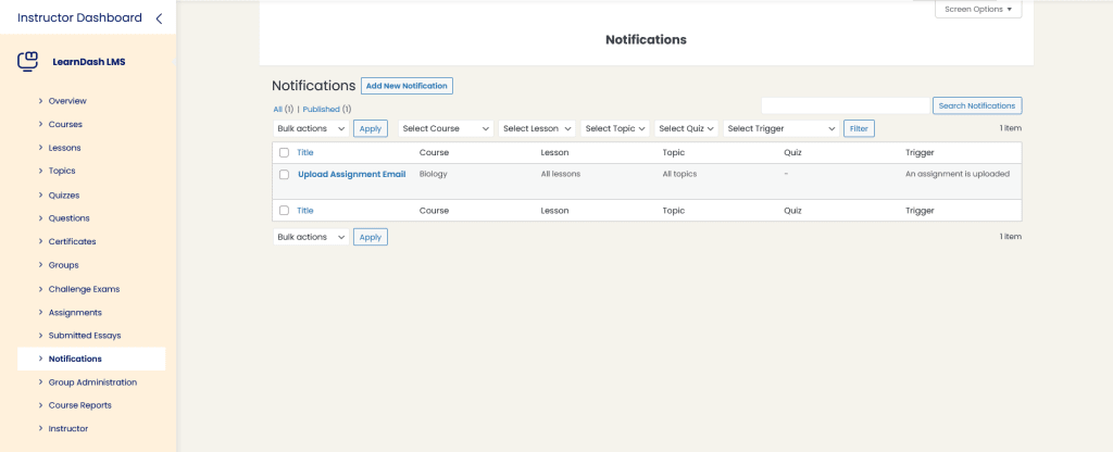 Notifications menu view on Instructor Dashboard