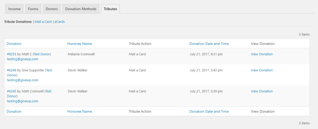The Give Tributes Donations Report.