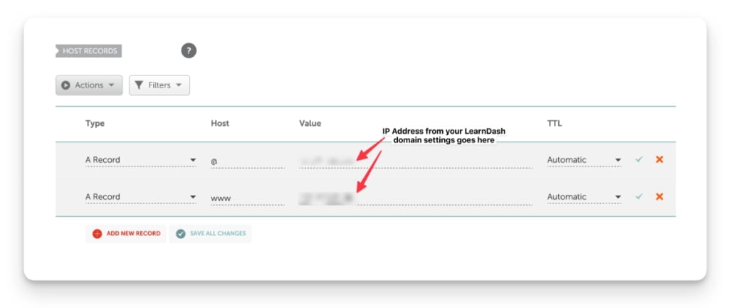 Example DNS zone managment screen