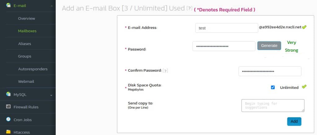 To create email accounts for the secondary domain, navigate to Hosting Features > Email > Mailboxes in the Nexcess Client Portal. On the Add an Email Box screen, enter the required details and click the Add button.
