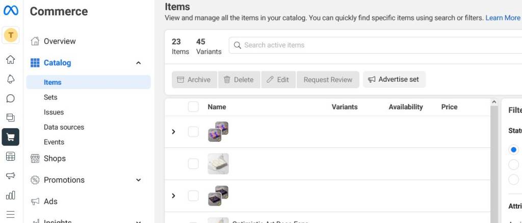 Facebook shop product catalog management screen.