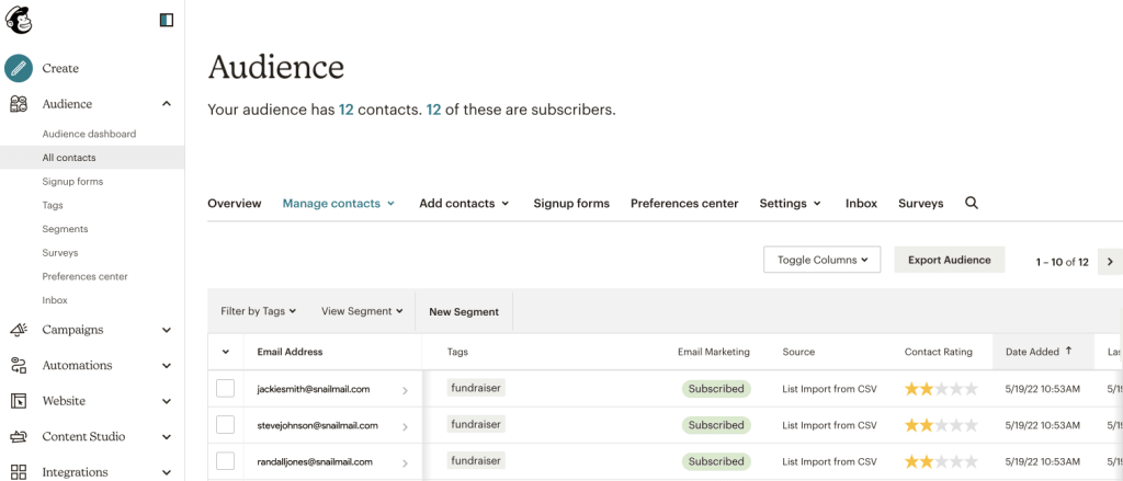 This mailchimp audience is meant to communicate with funraisers participating in the P2P campaign.