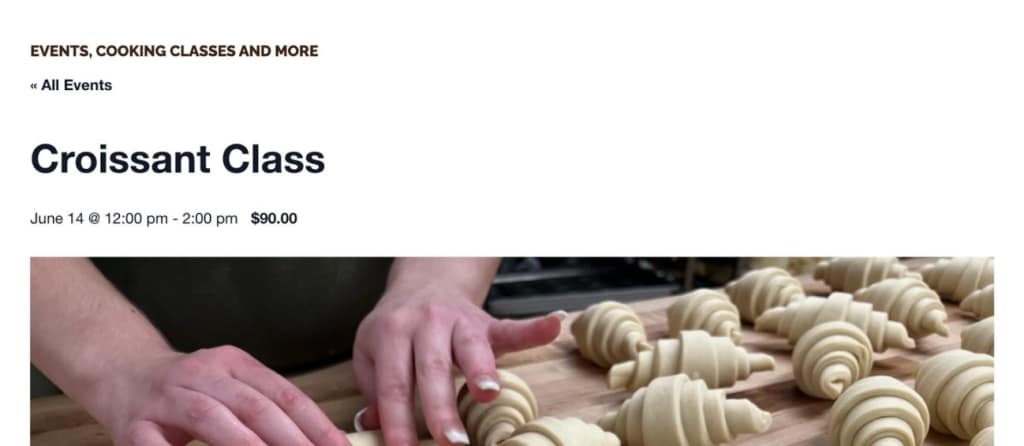 Screenshot of the top of the single event page, showing the title, date, time, cost, and graphic of croissants.