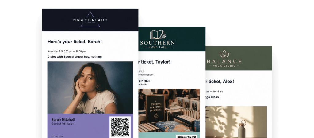 Examples of email templates built with The Events Calendar that contain tickets, the emails have brand names and customizations.