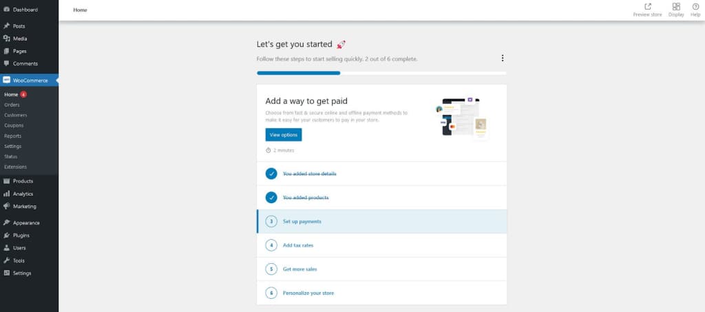A WordPress dashboard reveals WooCommerce Setup is incomplete.