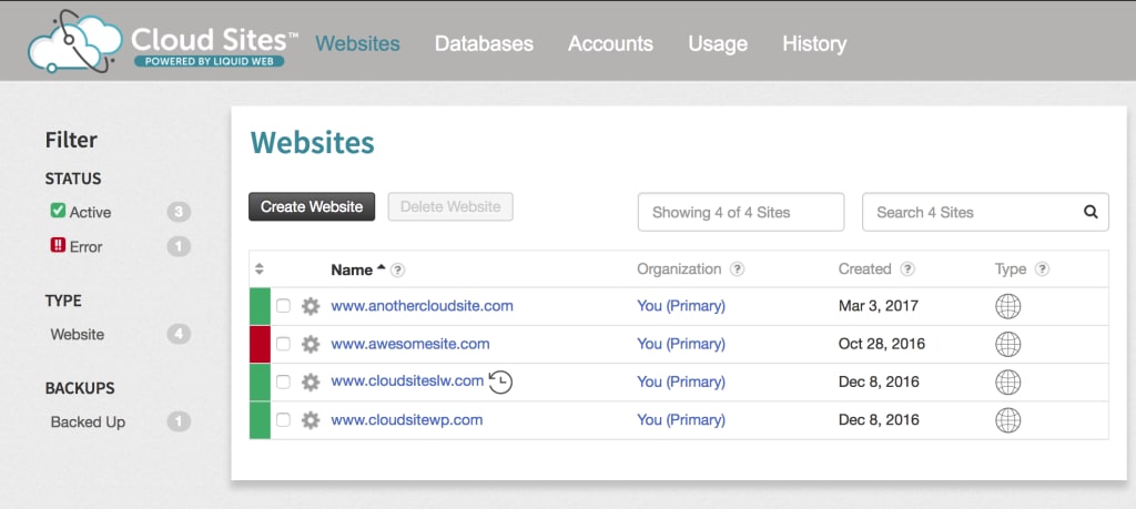 cloud sites control panel home