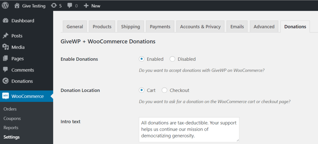 WooCommerce and Give Settings