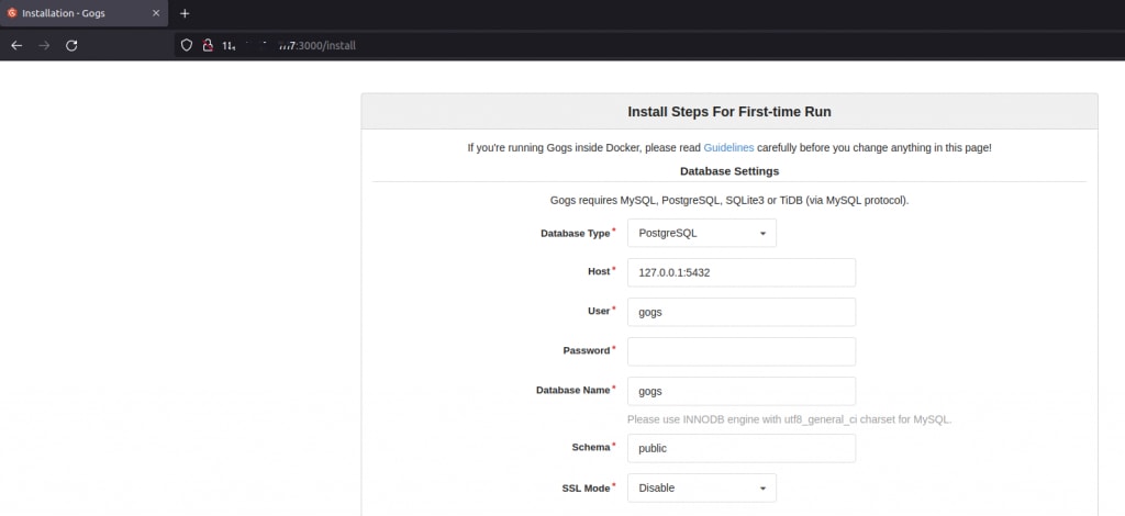 To complete the installation, navigate to http://server_IP_address:3000 in the web browser of your choice. Replace server_IP_address with your server IP address. Fill in the relevant fields as given below, leaving all other fields untouched. In the Database Settings section, change Database Type to MySQL, and enter your User and Password.