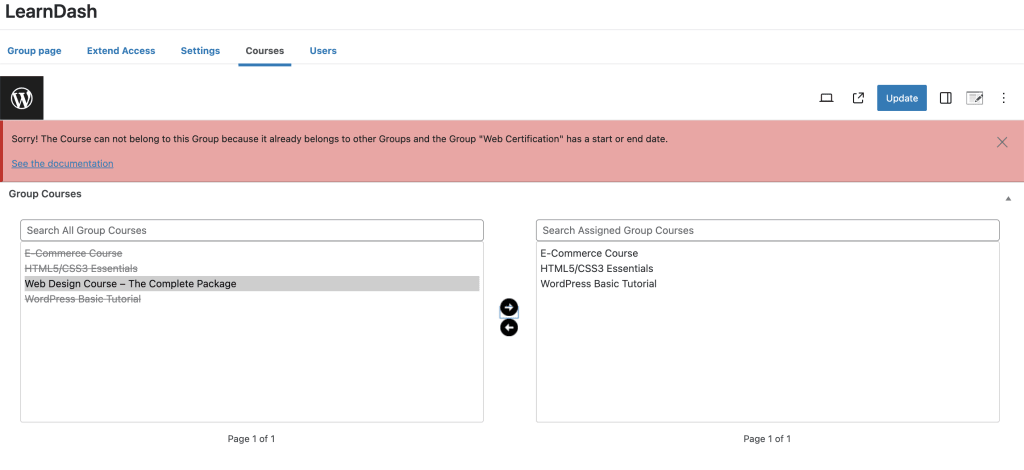 Can not add Course to a Group Error Message