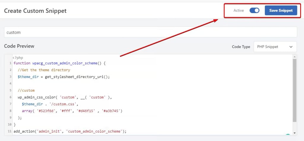save and activate custom code snippet