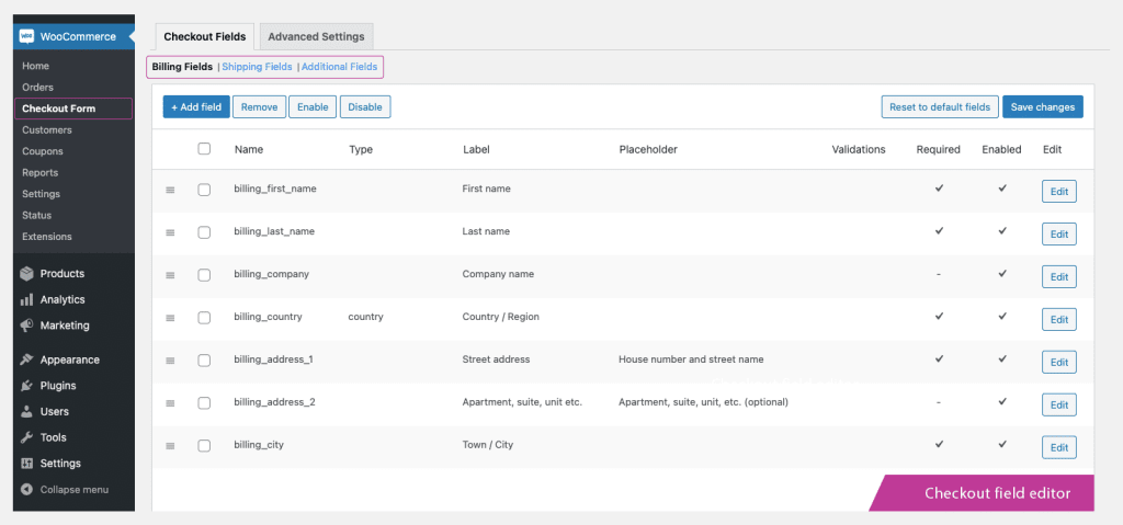 checkout field editor