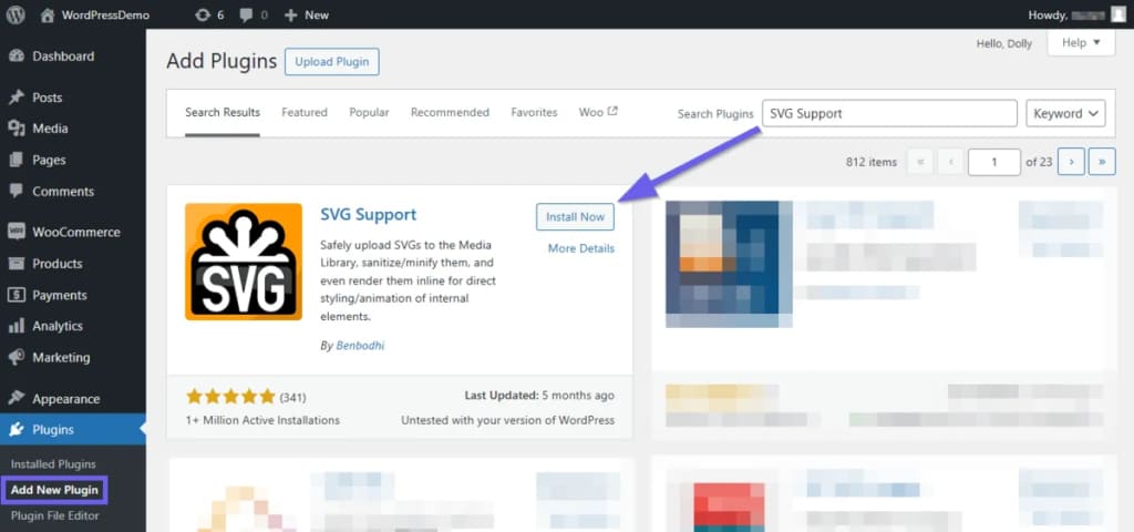 Installing and activating the SVG Support plugin in WordPress.