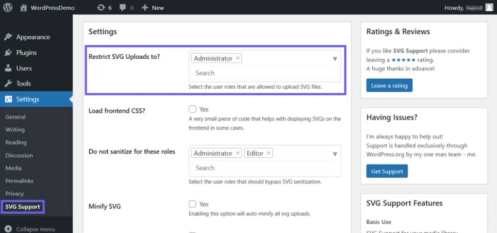 Enabling the option to restrict SVG uploads to administrators and/or trusted users only in the SVG Support plugin’s settings in WordPress.