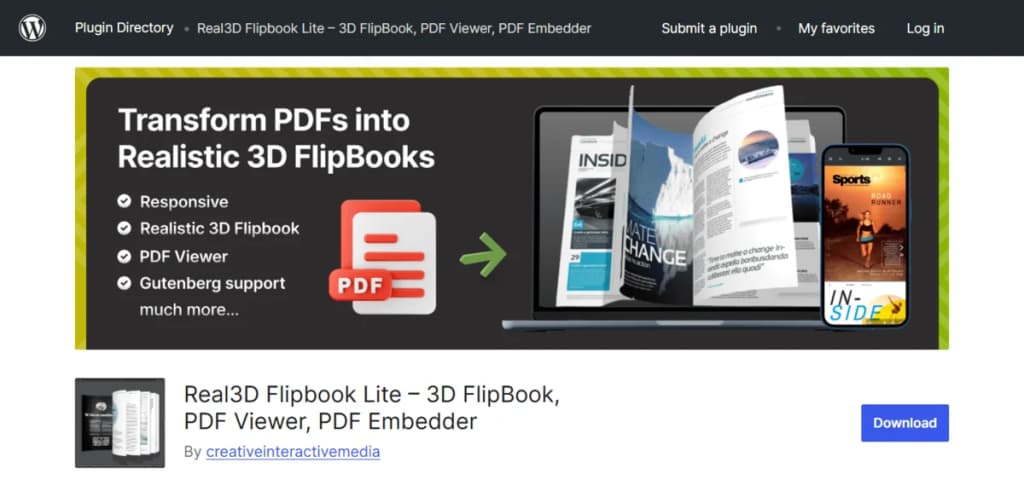 The Real3D Flipbook plugin page in the WordPress plugin directory.