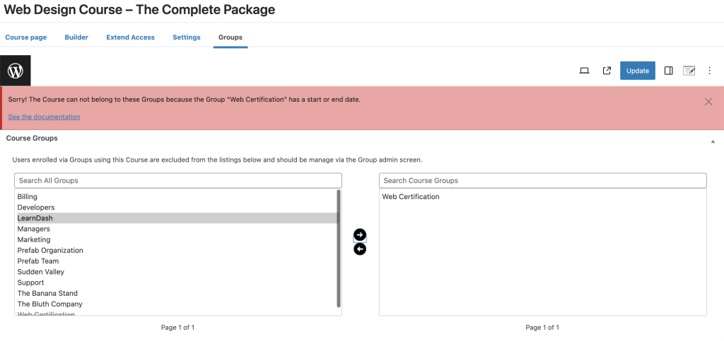 Can not add Group to a Course Error Message