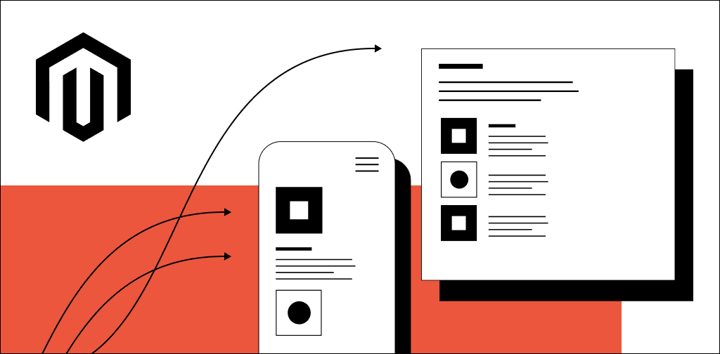 Magento logo next to a phone and web browser illustration