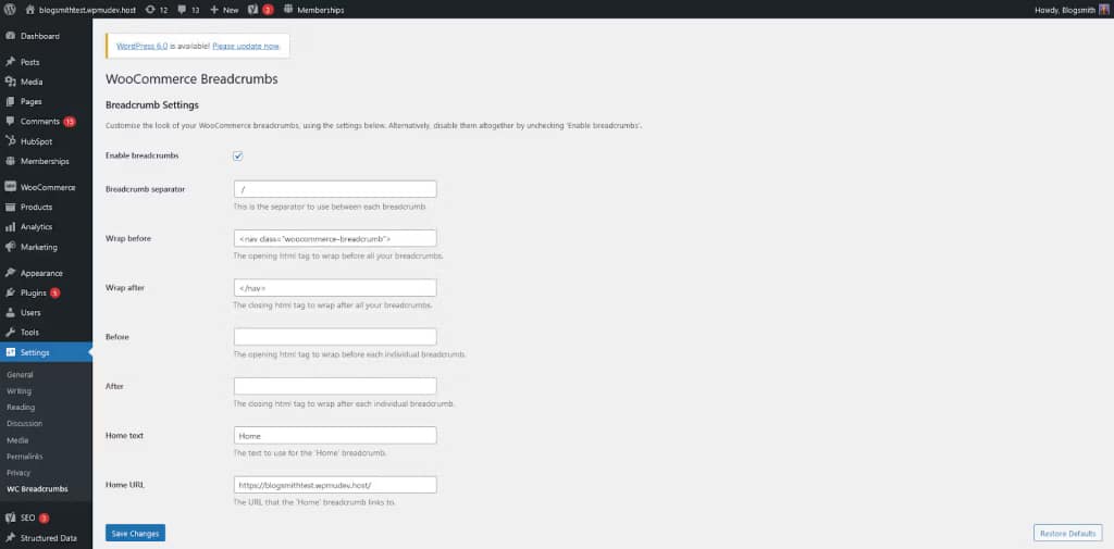 breadcrumbs for woocommerce