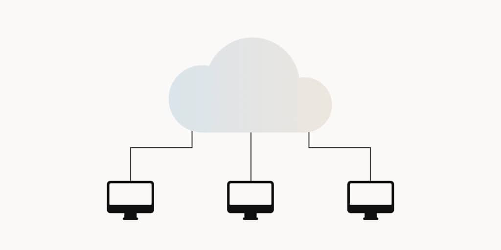 Illustration of desktops connected to the cloud.