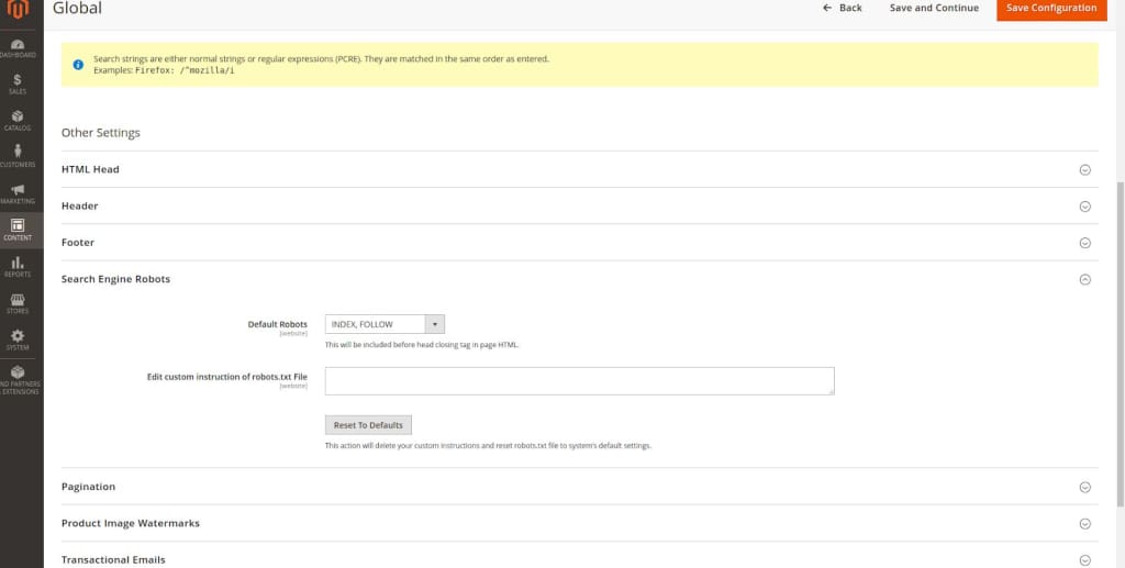 Open the Search Engine Robots tab
