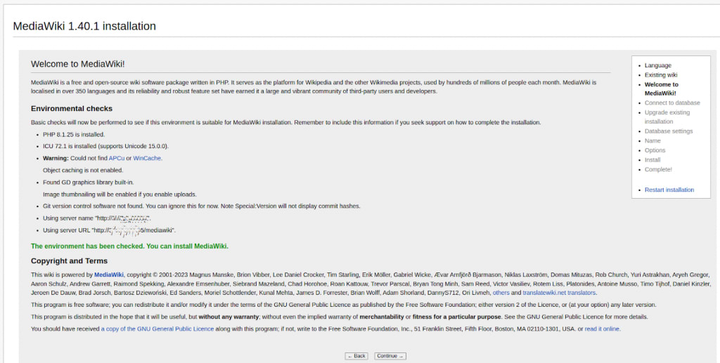 MediaWiki installation guide for Linux (AlmaLinux). You will see the MediaWiki environmental setup checks listed on the next screen. Click the Continue button to proceed.