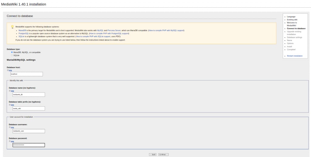 MediaWiki install guide for Linux (AlmaLinux). In the Connect to Database section, you enter the Mediawiki database, database user name, and password and then click the Continue button.