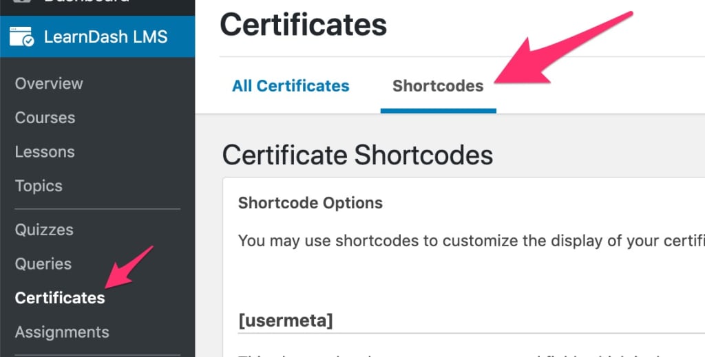 LearnDash certificate shortcodes in admin