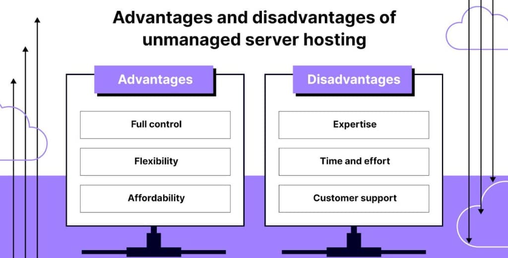 compare table showing the advantages and disadvantages of unmanaged server hosting