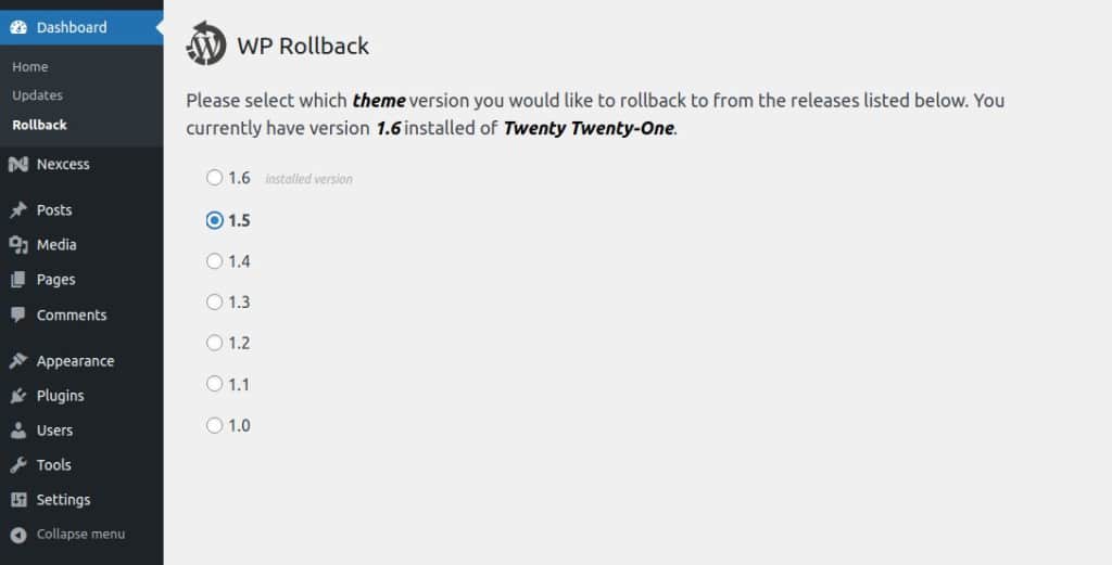 Choose the version of the theme you would like to switch to and confirm the update.