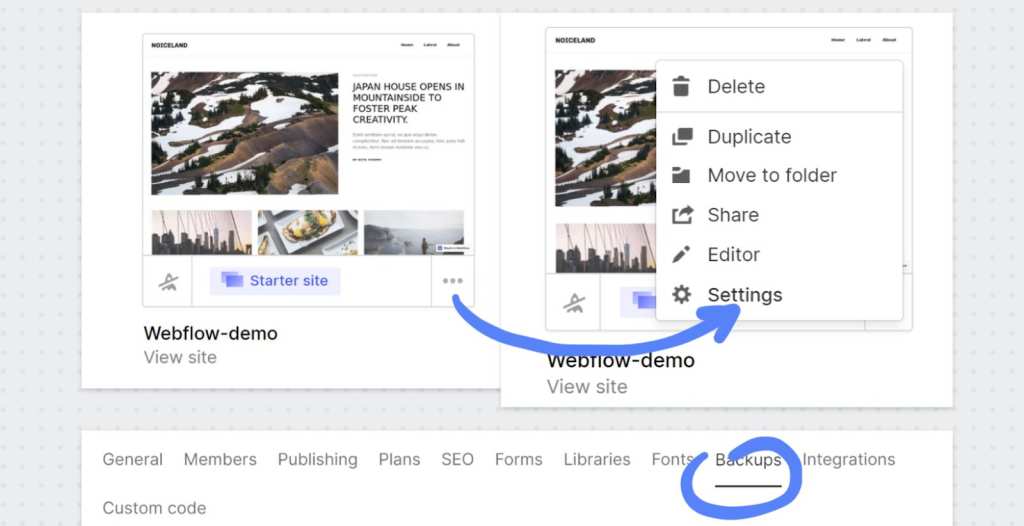 You can review your Webflow website backups via the Dashboard -> My Workspace -> All sites -> Сlick on the three dots in the lower right corner of the website -> Settings -> Backups navigational path.