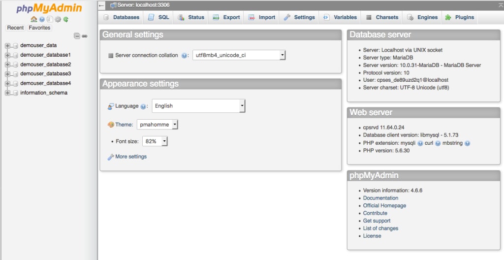 phpmyadmin home
