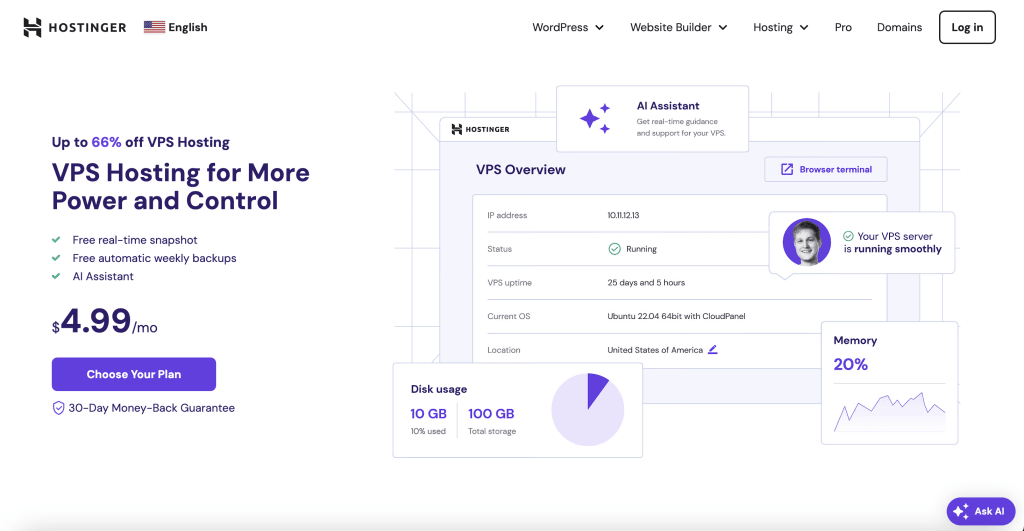 Hostinger is a reliable VPS provider that offers low-cost Linux hosting.