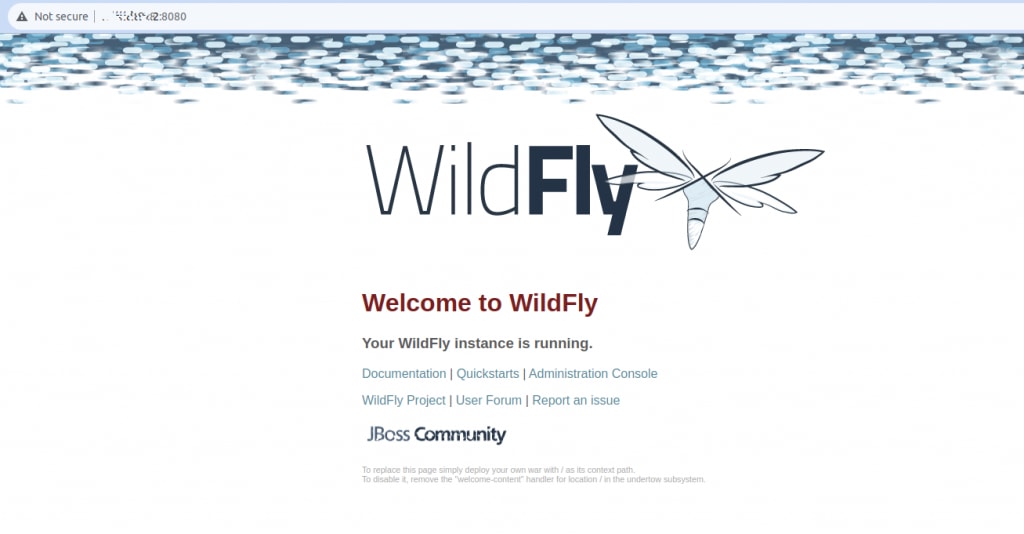By default, the WildFly web interface will be accessible through HTTP port 8080. To get to the WildFly web interface, open your browser and go to http://your-domain.com:8080 or http://your-server-ip:8080.