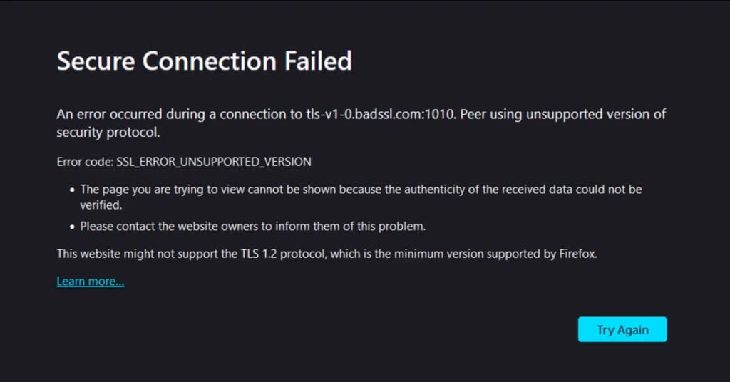 The unsecure connection error message in Firefox.