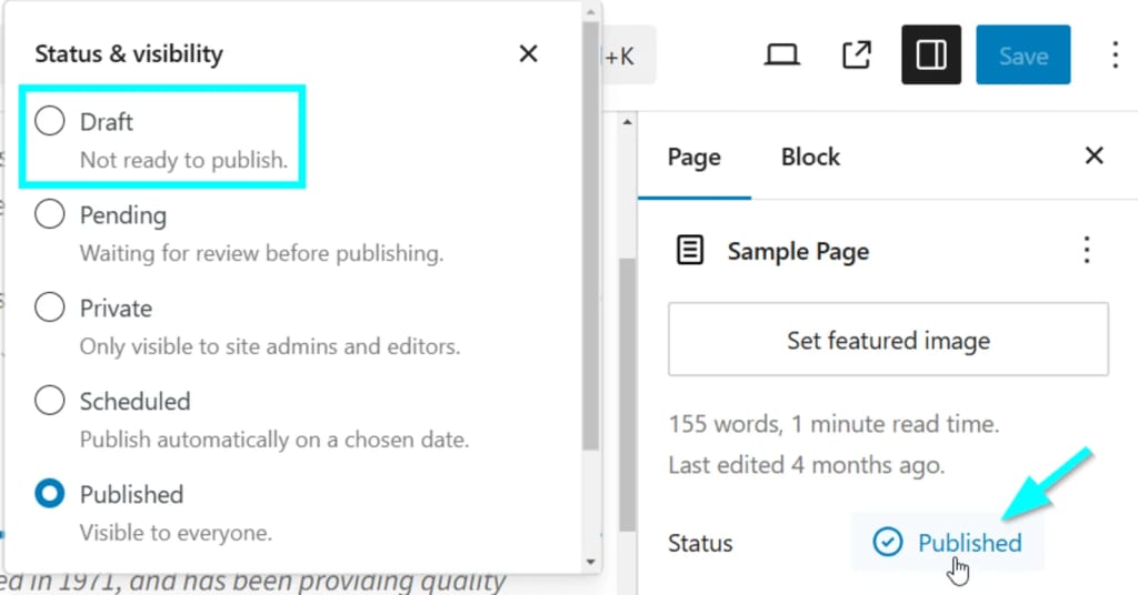 Changing the status and visibility of a page in WordPress from “Published” to “Draft”.