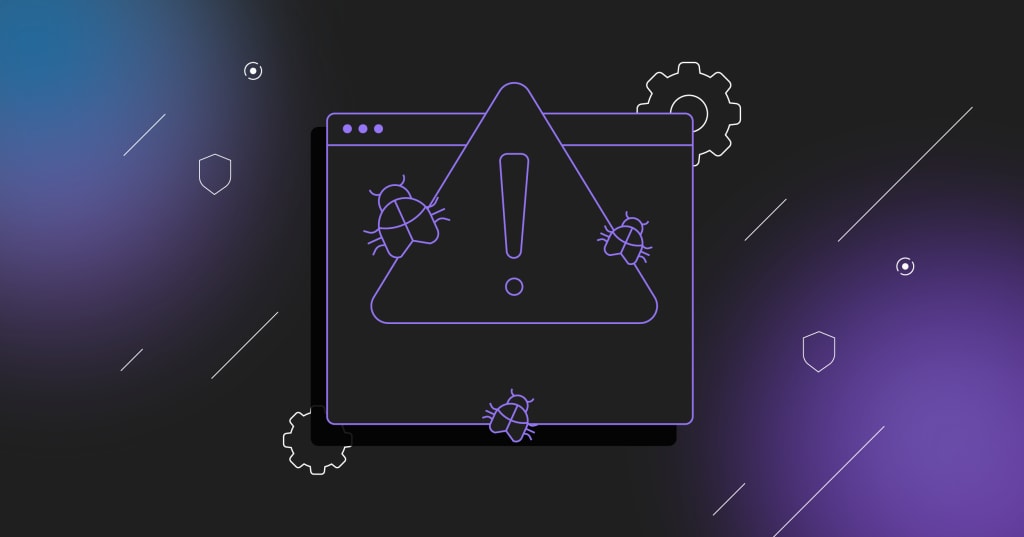 Line illustration showing a black application window on a dark black to purple gradient background overlaid with a large exclamation point alert icon and three bugs.