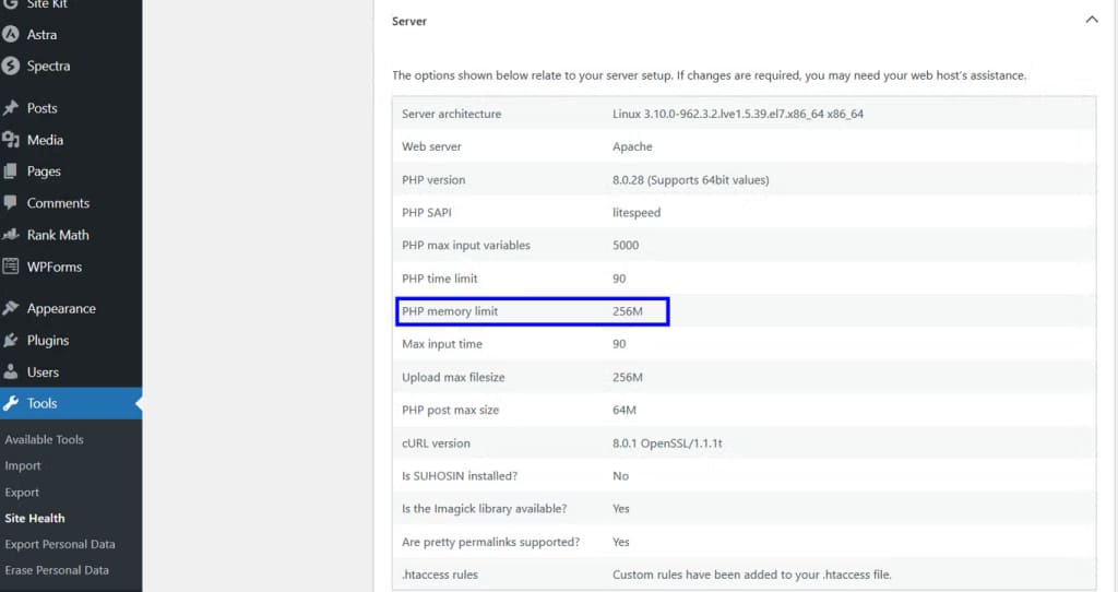 wordpress php memory limit screenshot