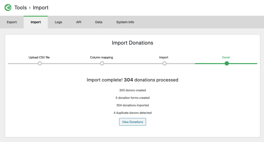 screenshot of the success screen detailing the number of donations, donors, forms and duplicate donors