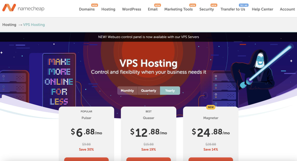 Namecheap offers budget-friendly VPS hosting to both individuals and businesses.