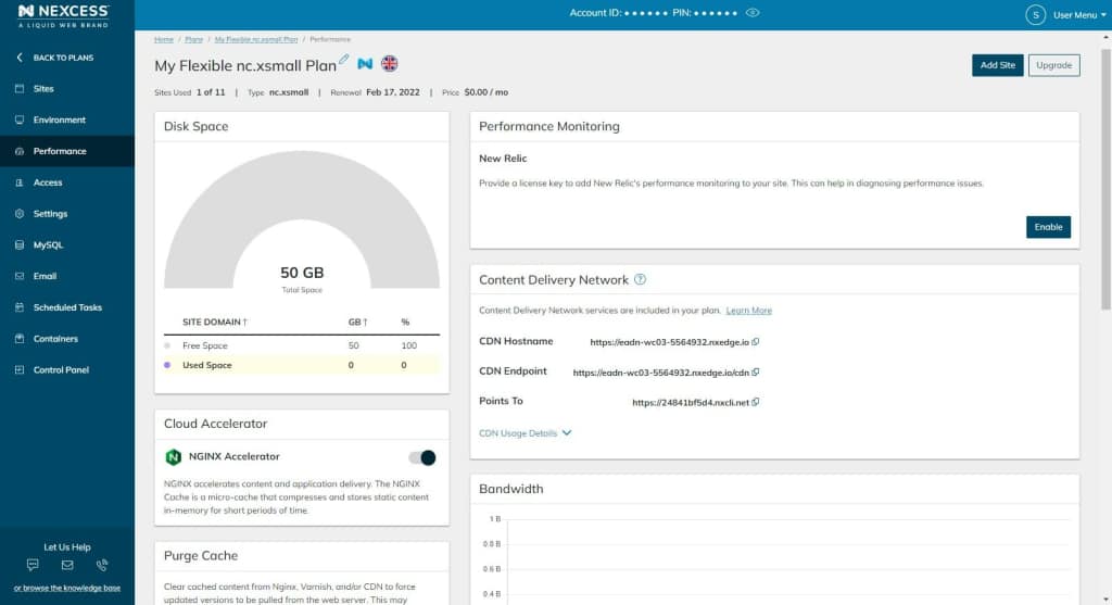 Disk space usage can be seen in the Performance section of the plan dashboard, as well as in the Settings section.