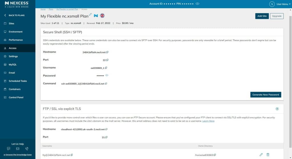As with any Nexcess Cloud hosting plan, SSH, SFTP, and FTP credentials can be found in the Access section of the plan dashboard.