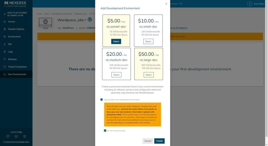 Development environments can only be added to WordPress, WooCommerce, or Magento environments.
