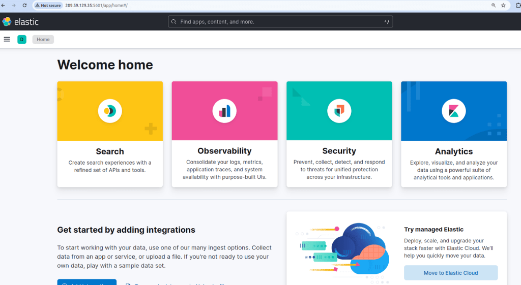 The Kibana dashboard's homepage looks like the one shown.
