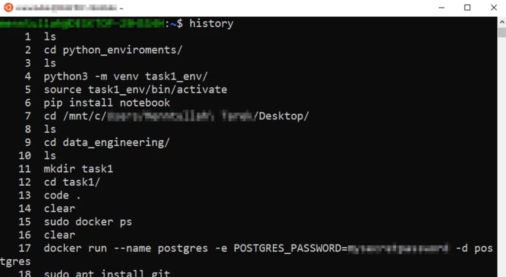 Running the history command in the terminal to get a list of previously executed commands.