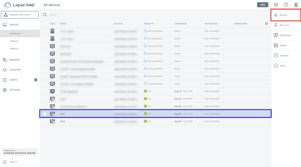 acronis web console main screen
