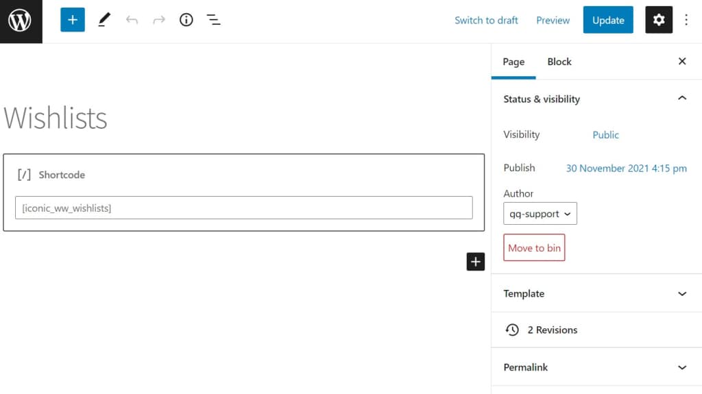 add wishlist shortcode to page