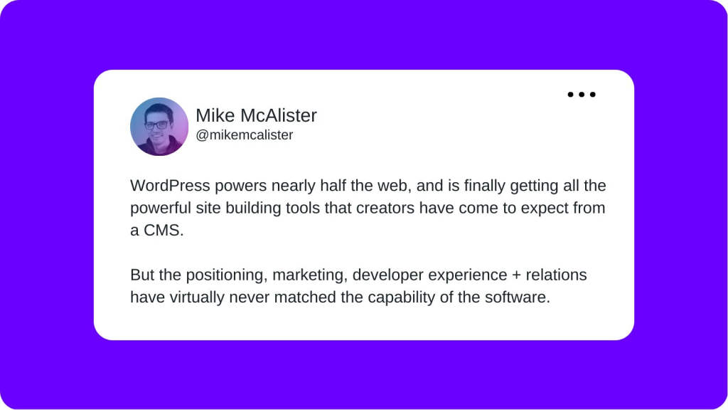 A tweet from Mike McAlister layered over a purple background that reads