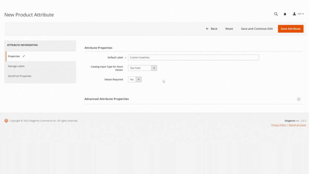 Select the Magento product attribute input type.