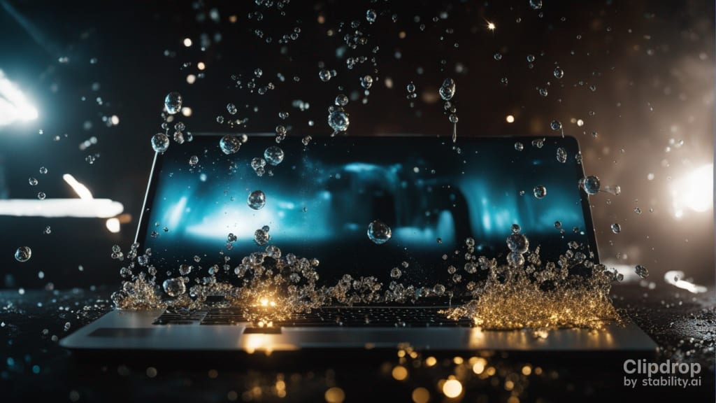 Stable Diffusion AI image generator: Liquid metal drops with steam bouncing off of an open MacBook Pro on a black background, ultra-realistic, film grain, cinematic, Star Wars warfare, cinematic contour lighting, earthy naturalism, teal and yellow, frostpunk, cinestill, weta fx, photorealism , atmospheric lighting, anamorphic lens flare, motion blur, ultra quality, motion, action, dramatic, 8K UHD
