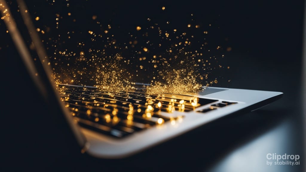 Stable Diffusion AI image generator: Liquid metal drops with steam bouncing off of an open MacBook Pro on a black background